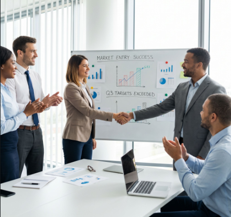 Successful market entry partnership handshake